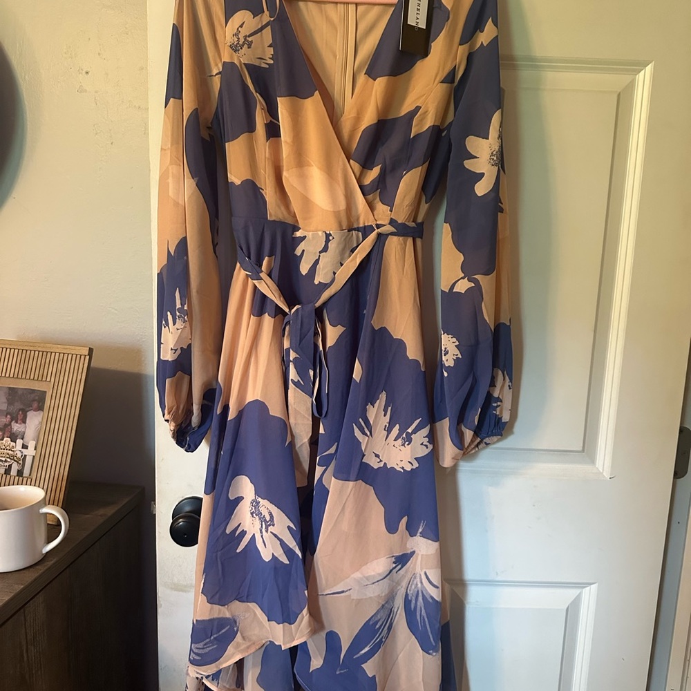 Blue and White Long Sleeve Wrap Sundress for Wedding Guest
